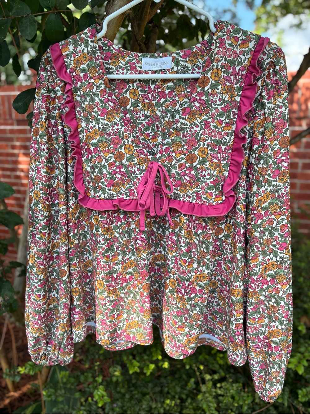 SMITH & QUINN Pink Microfloral and Mushroom Print Ruffle Trim Boho Top Size M